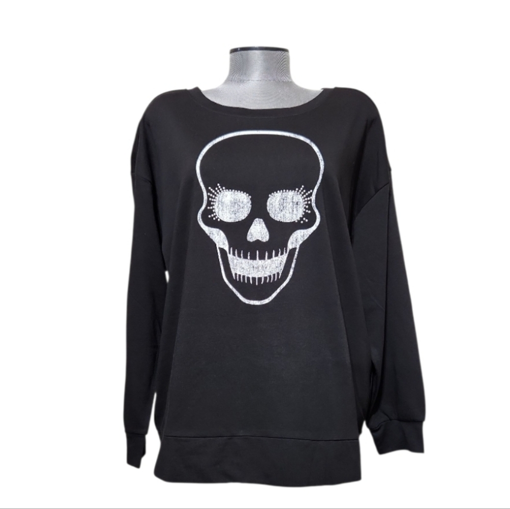 Women's Black Skull Faced Bling Sweatshirt 1X